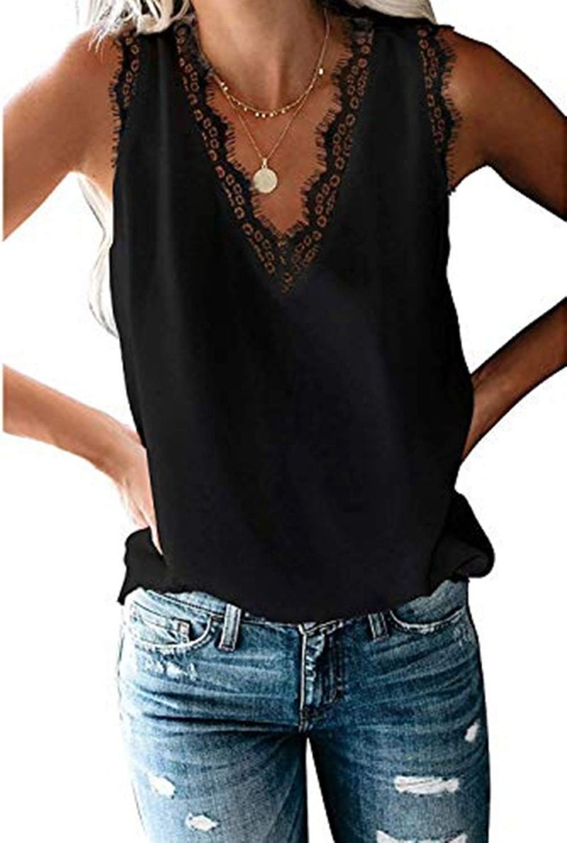 HARHAY 2023 Women's Lace Trim V Neck Tank Tops Lightweight Fashionable Summer Sleeveless Blouses Black S
